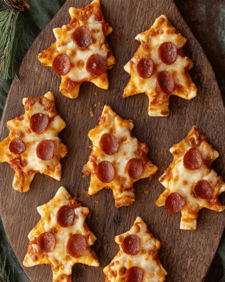 Puff Pastry Christmas Tree Pizza Bites arranged on a wooden board