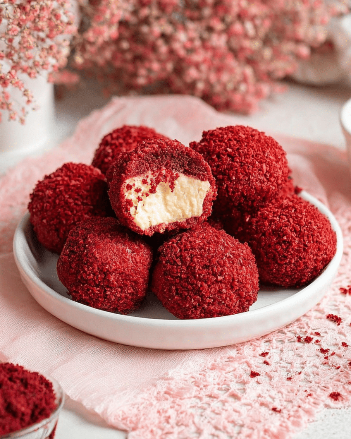 Plate of red velvet cheesecake bites with one bite showing creamy cheesecake filling inside.