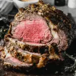 Juicy roast prime rib with a crispy herb crust, sliced to reveal a tender pink center, served on a cutting board with herbs.