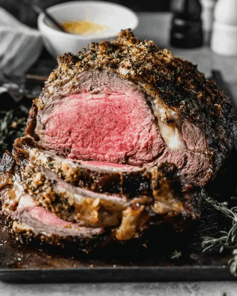 Juicy roast prime rib with a crispy herb crust, sliced to reveal a tender pink center, served on a cutting board with herbs.