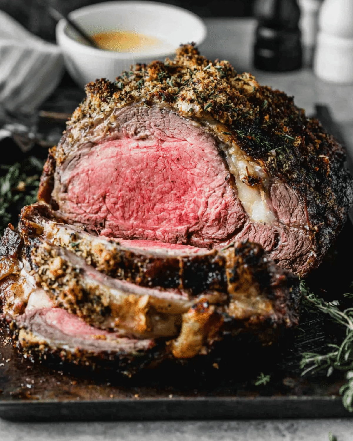 Juicy roast prime rib with a crispy herb crust, sliced to reveal a tender pink center, served on a cutting board with herbs.