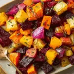 A colorful platter of roast root vegetables including carrots, beets, red onions, and parsnips, garnished with fresh herbs.