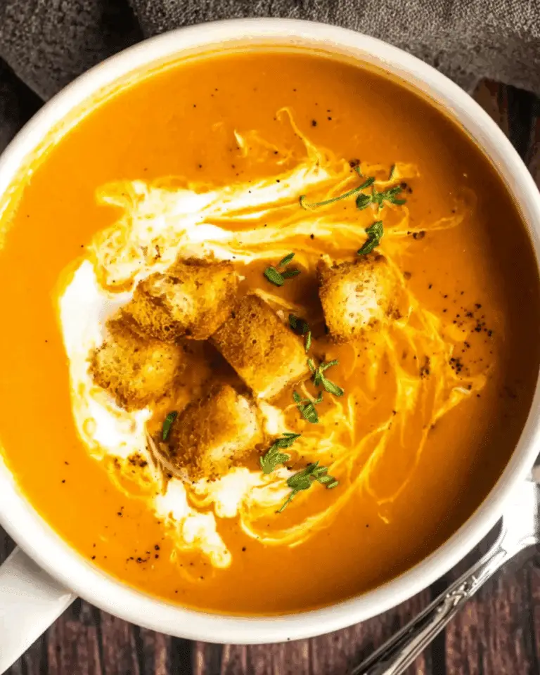 A bowl of roasted sweet potato soup topped with croutons, a swirl of cream, and fresh thyme on a dark wooden table.