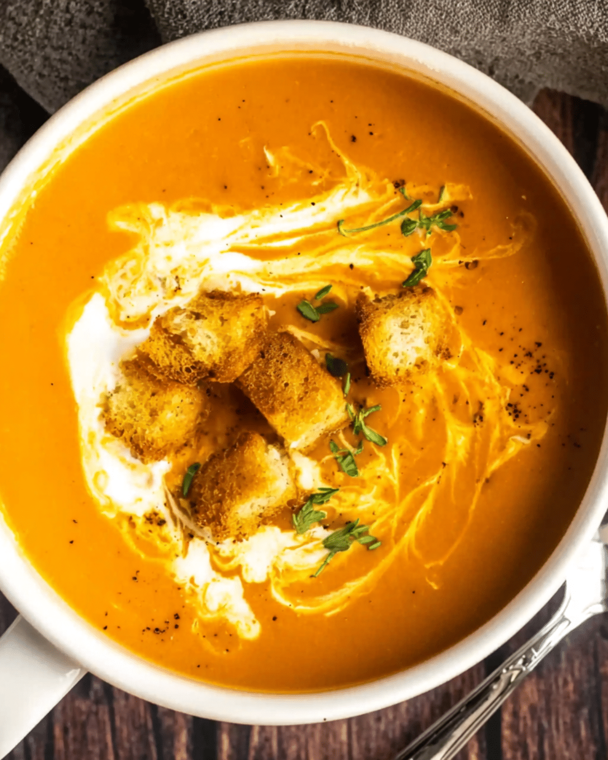 A bowl of roasted sweet potato soup topped with croutons, a swirl of cream, and fresh thyme on a dark wooden table.