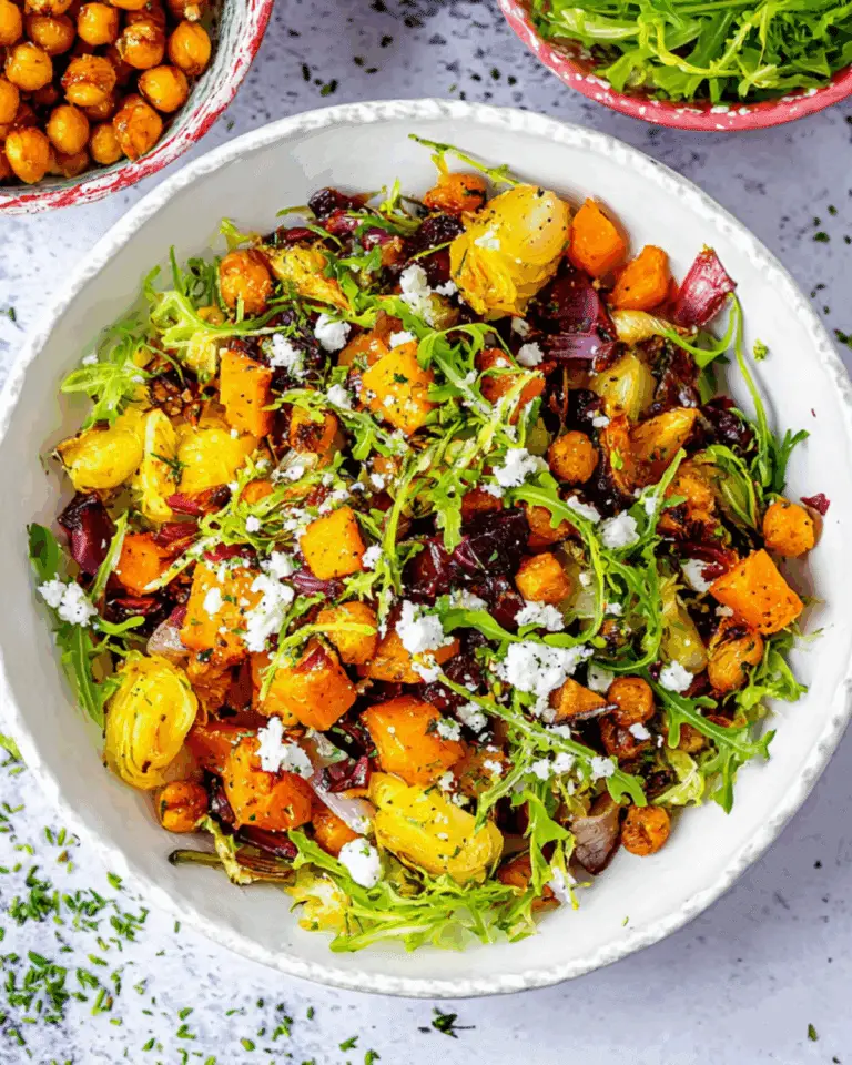 A vibrant roasted vegetable winter salad with arugula, chickpeas, Brussels sprouts, squash, red onions, and crumbled feta in a white bowl.