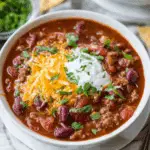 Bowl of slow cooker chili topped with shredded cheddar cheese, sour cream, and chopped parsley, served on a cloth napkin.