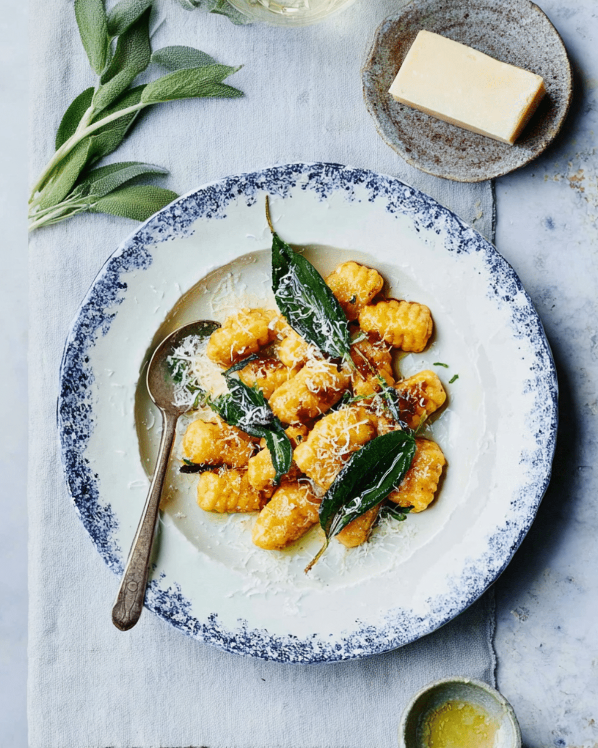 Squash gnocchi served on a plate with brown butter and crispy sage, topped with grated cheese.