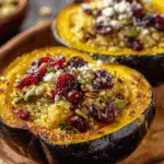 Stuffed winter squash halves filled with quinoa, dried cranberries, pumpkin seeds, and crumbled cheese.
