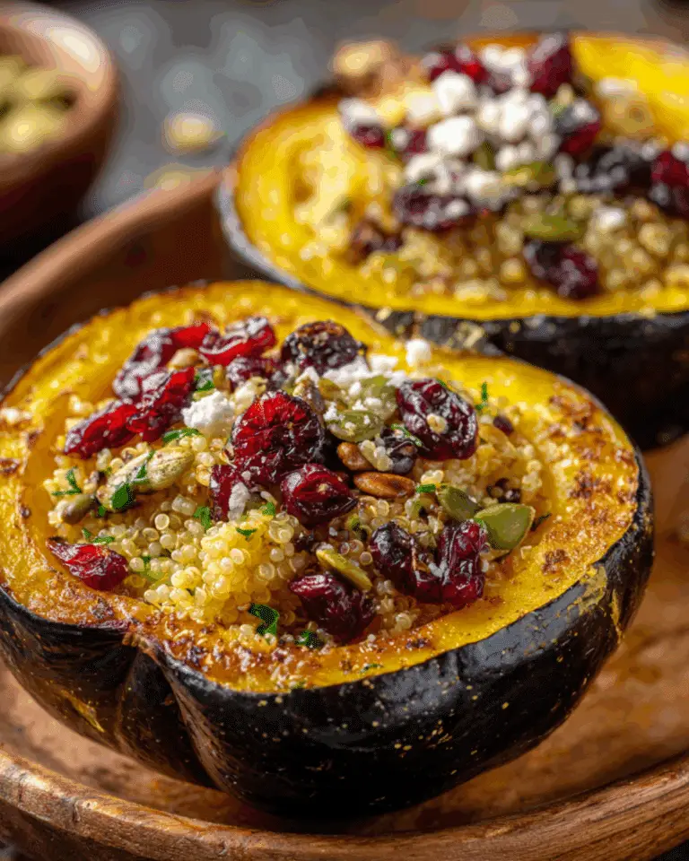 Stuffed winter squash halves filled with quinoa, dried cranberries, pumpkin seeds, and crumbled cheese.