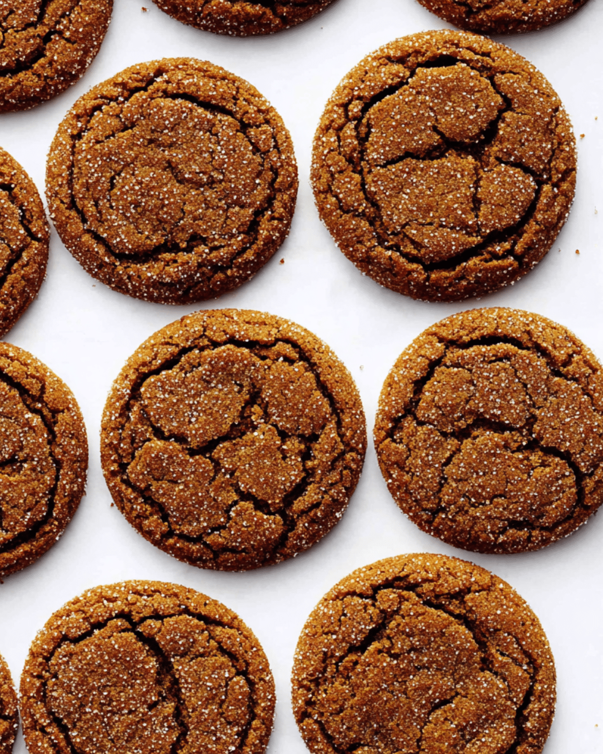 Super ginger molasses cookies with a crackled surface and sugar coating, arranged on a white background.