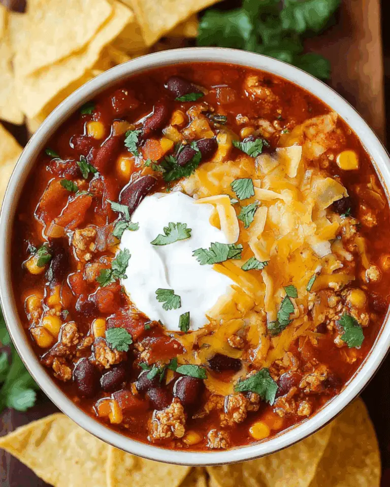 Bowl of turkey chili topped with shredded cheese, sour cream, and chopped cilantro, surrounded by tortilla chips.