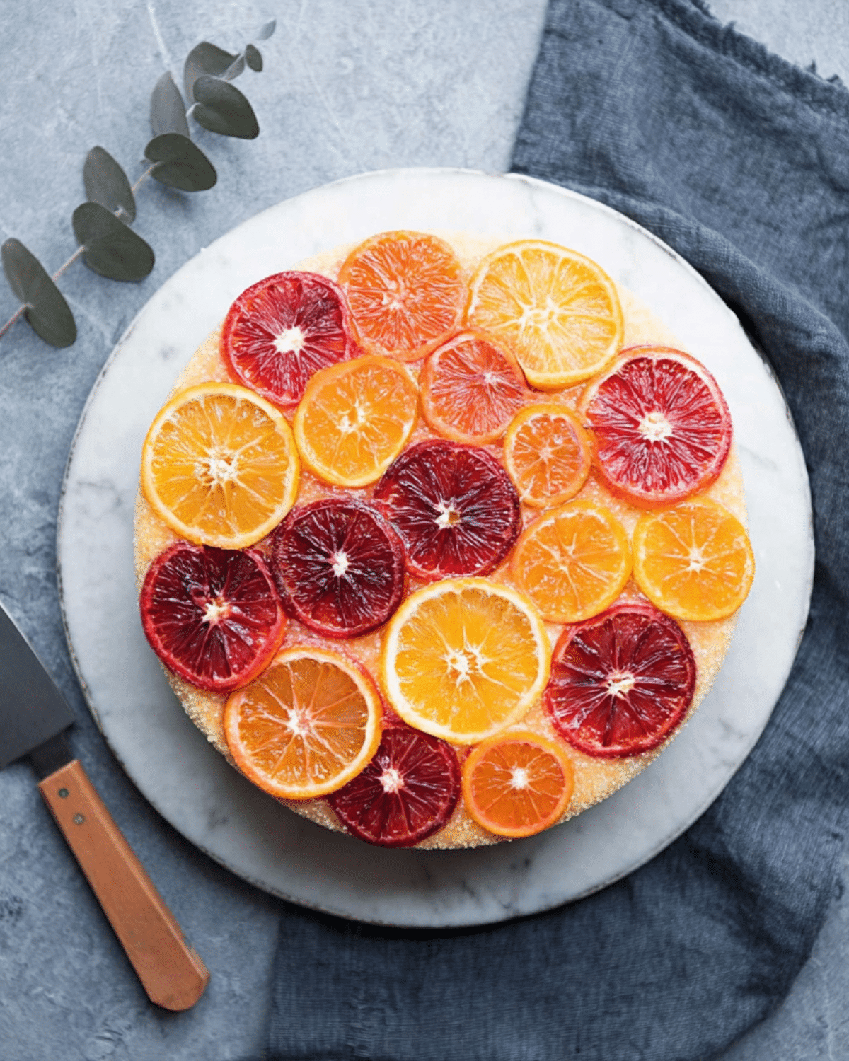 A beautifully arranged Upside-Down Ombré Citrus Cake topped with vibrant slices of blood oranges, oranges, and mandarins on a marble plate.