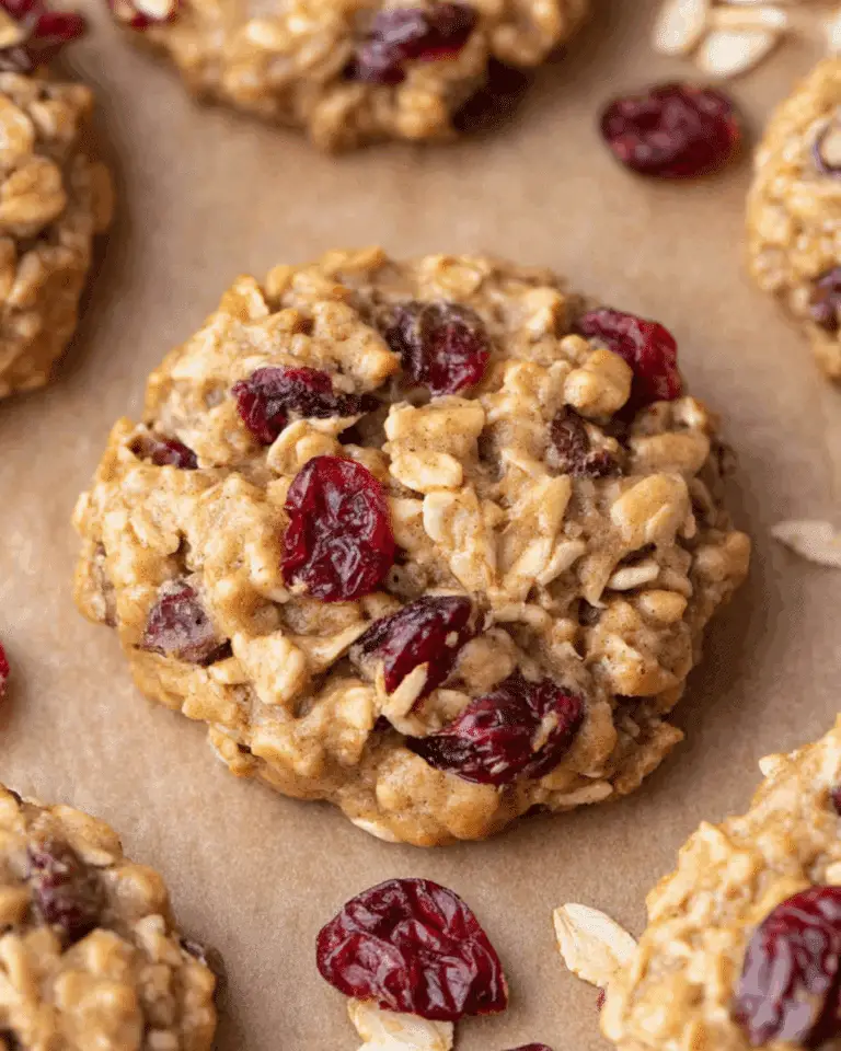 Close-up of vegan oatmeal cranberry cookies with oats and dried cranberries on parchment paper.