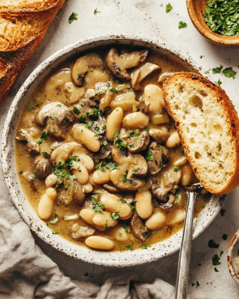 A hearty bowl of white bean mushroom stew garnished with fresh herbs and served with crusty bread.