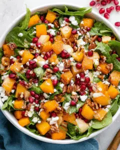 Colorful Winter Salad Recipe with butternut squash, pomegranate seeds, goat cheese, pecans, and greens in a white bowl.