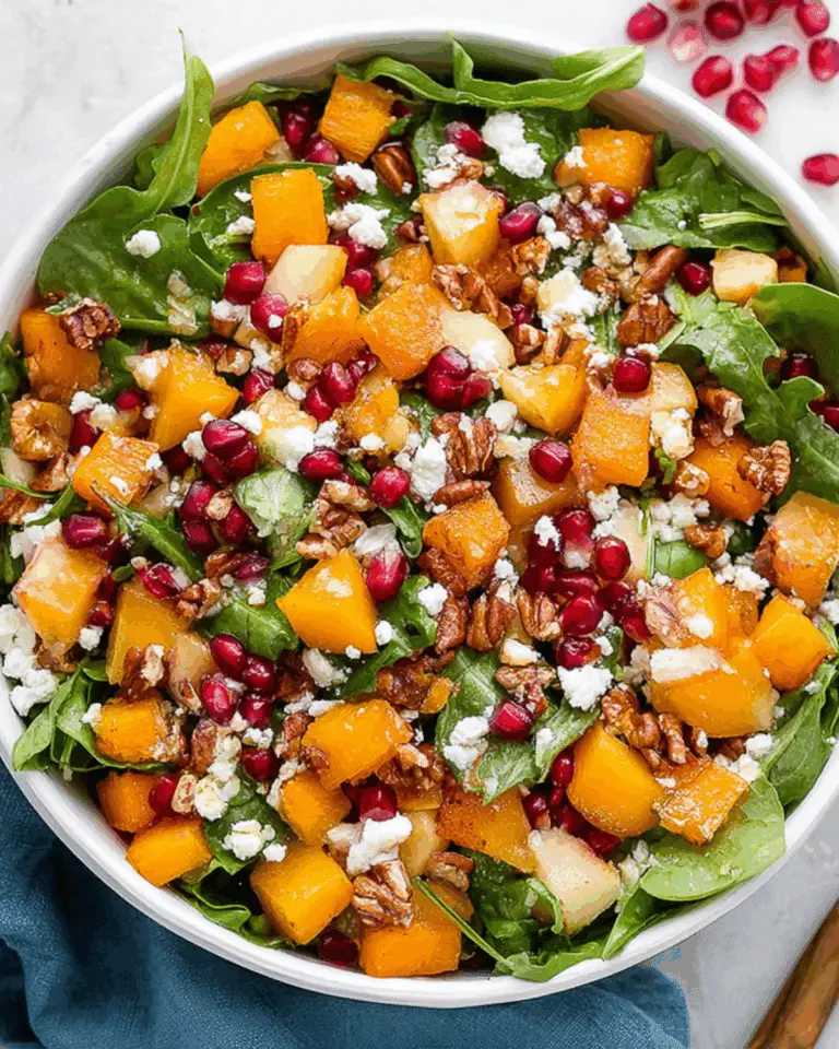 Colorful Winter Salad Recipe with butternut squash, pomegranate seeds, goat cheese, pecans, and greens in a white bowl.
