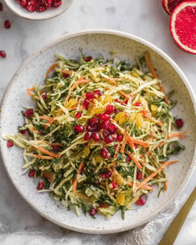 A bowl of Winter Veggie Coleslaw with shredded vegetables and pomegranate seeds on top.