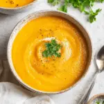Bowl of creamy butternut squash soup garnished with fresh parsley and black pepper, served with a spoon on a light stone surface.