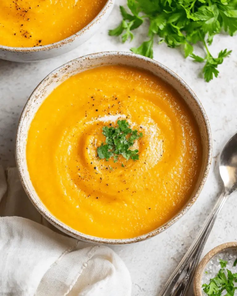 Bowl of creamy butternut squash soup garnished with fresh parsley and black pepper, served with a spoon on a light stone surface.