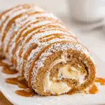 Banana roll cake filled with whipped cream and fresh banana slices, topped with powdered sugar and caramel drizzle.