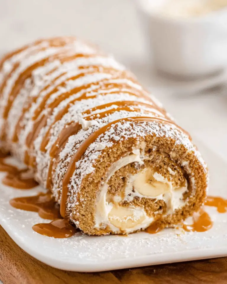Banana roll cake filled with whipped cream and fresh banana slices, topped with powdered sugar and caramel drizzle.