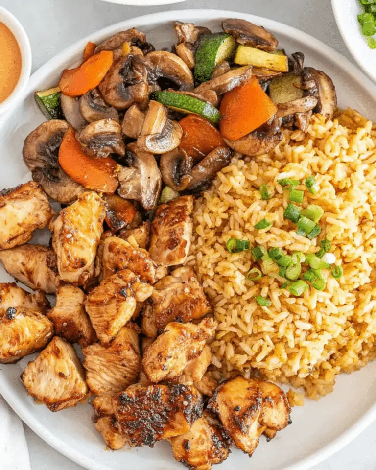 Plate of Benihana Hibachi Chicken served with grilled vegetables and fried rice, garnished with chopped green onions.