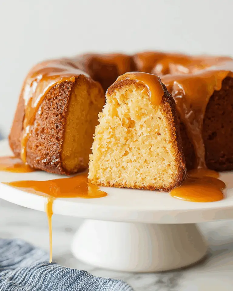 Slice of Brown Sugar Caramel Pound Cake on a white cake stand, drizzled with rich caramel sauce.