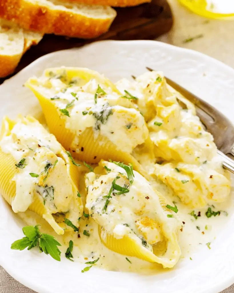 Chicken Alfredo Stuffed Shells topped with creamy white sauce and herbs, served on a white plate.