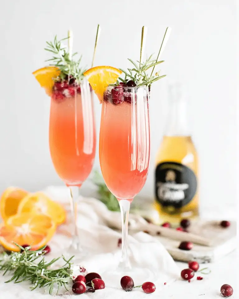 Two cranberry orange mimosas garnished with fresh cranberries, orange slices, and rosemary sprigs in champagne flutes.