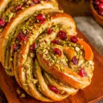 A twisted loaf of cranberry pistachio babka topped with chopped pistachios and dried cranberries on a wooden board.