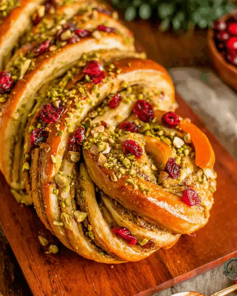 A twisted loaf of cranberry pistachio babka topped with chopped pistachios and dried cranberries on a wooden board.