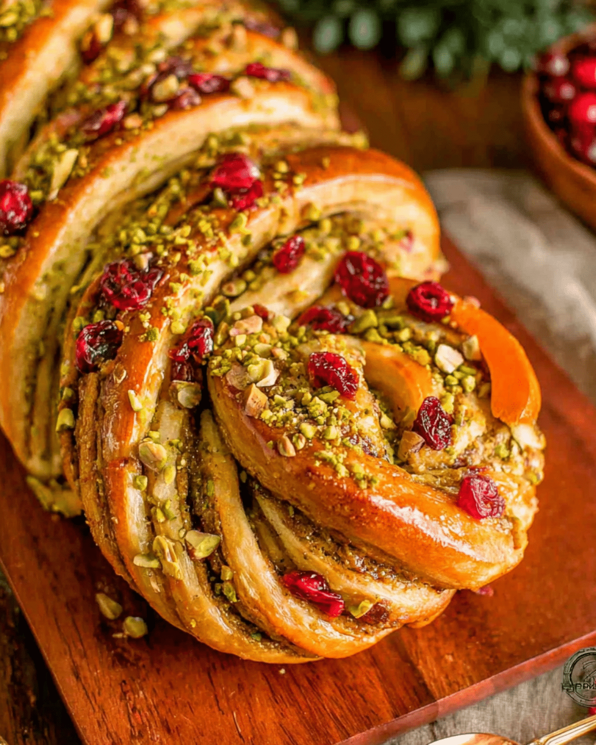 A twisted loaf of cranberry pistachio babka topped with chopped pistachios and dried cranberries on a wooden board.