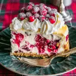 Slice of Cranberry White Chocolate Cheesecake topped with whipped cream and sugared cranberries on a green plate with a festive plaid tablecloth.