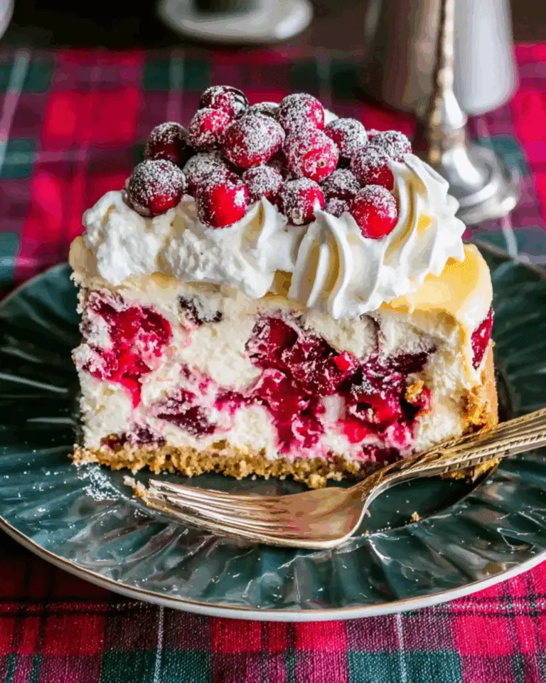 Slice of Cranberry White Chocolate Cheesecake topped with whipped cream and sugared cranberries on a green plate with a festive plaid tablecloth.