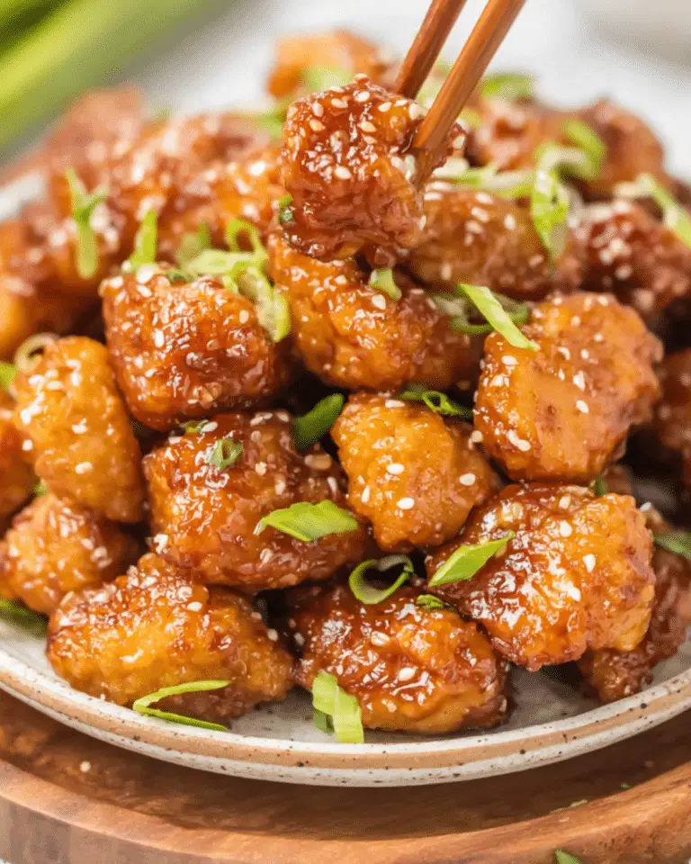 Crispy honey chicken bites glazed in a golden sauce, garnished with sesame seeds and green onions, served on a ceramic plate.