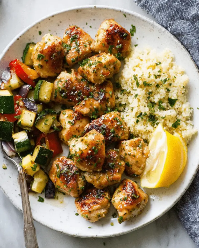 Plate of Garlic Butter Chicken Bites served with couscous, sautéed vegetables, and a lemon wedge on the side.