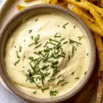 Bowl of homemade garlic aioli topped with chopped chives, served alongside crispy French fries.