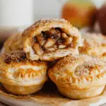 Golden Mini Apple Pies With Puff Pastry filled with spiced apple filling, stacked on a plate with one pie cut open to show the gooey interior.