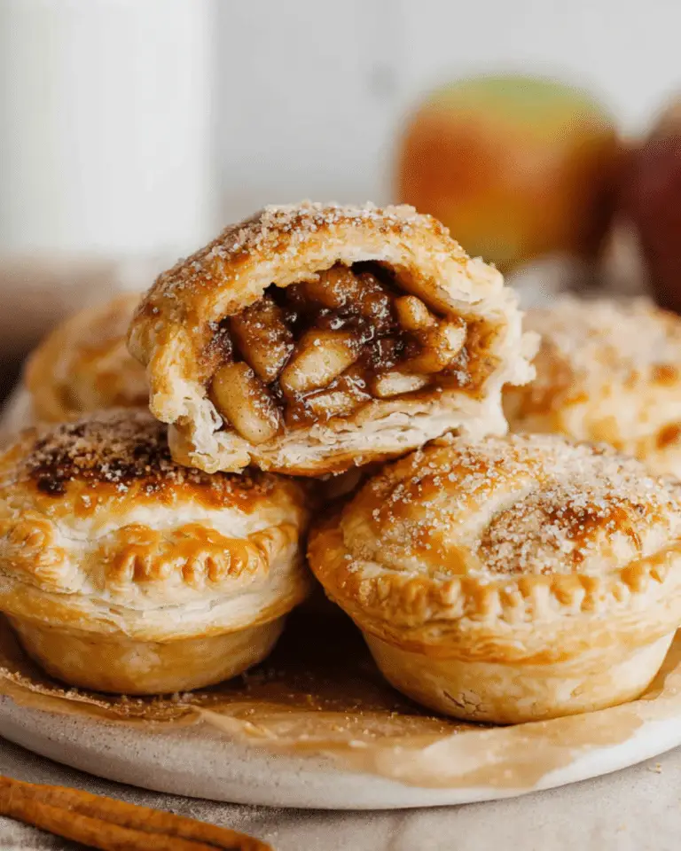 Golden Mini Apple Pies With Puff Pastry filled with spiced apple filling, stacked on a plate with one pie cut open to show the gooey interior.