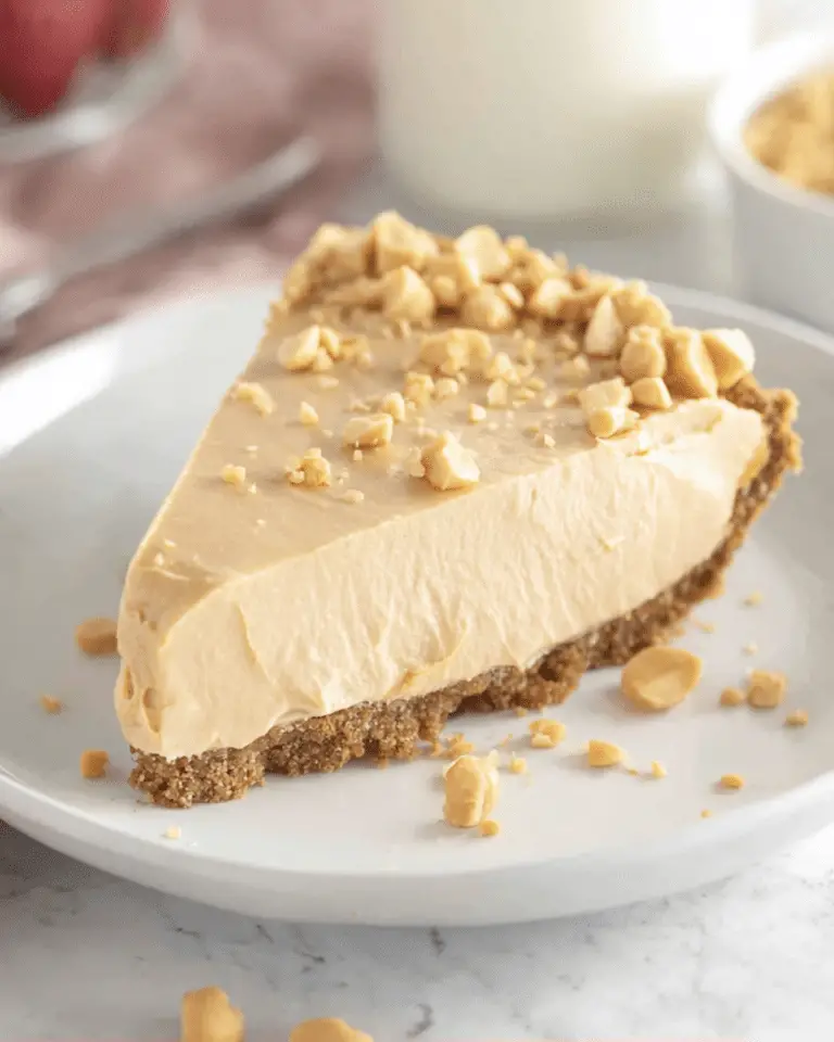 A slice of no-bake peanut butter pie topped with chopped peanuts, served on a white plate.
