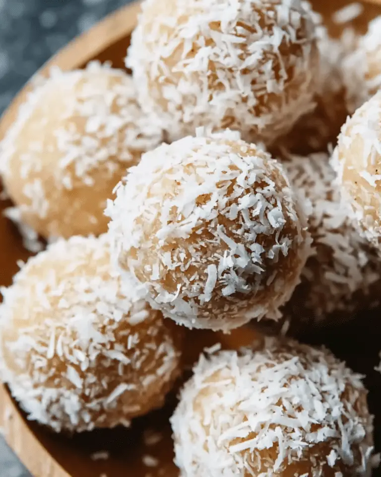 Close-up of no bake coconut snowballs coated in shredded coconut, stacked in a wooden bowl.