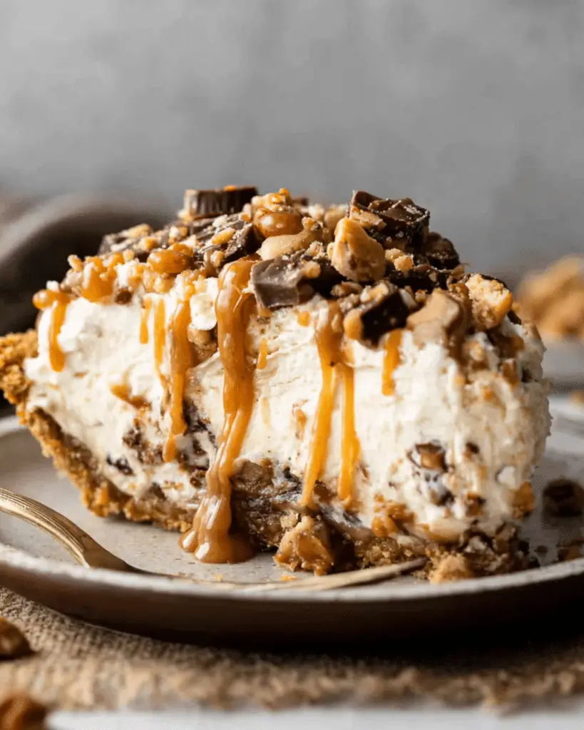 A slice of No-Bake Snickers Bar Pie topped with chopped Snickers, caramel drizzle, and a graham cracker crust.