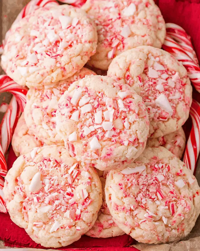 A pile of peppermint cookies topped with crushed candy canes on a red cloth, surrounded by whole candy canes.