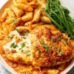 Plate of ricotta chicken bake served with cheesy baked penne pasta and sautéed green beans.