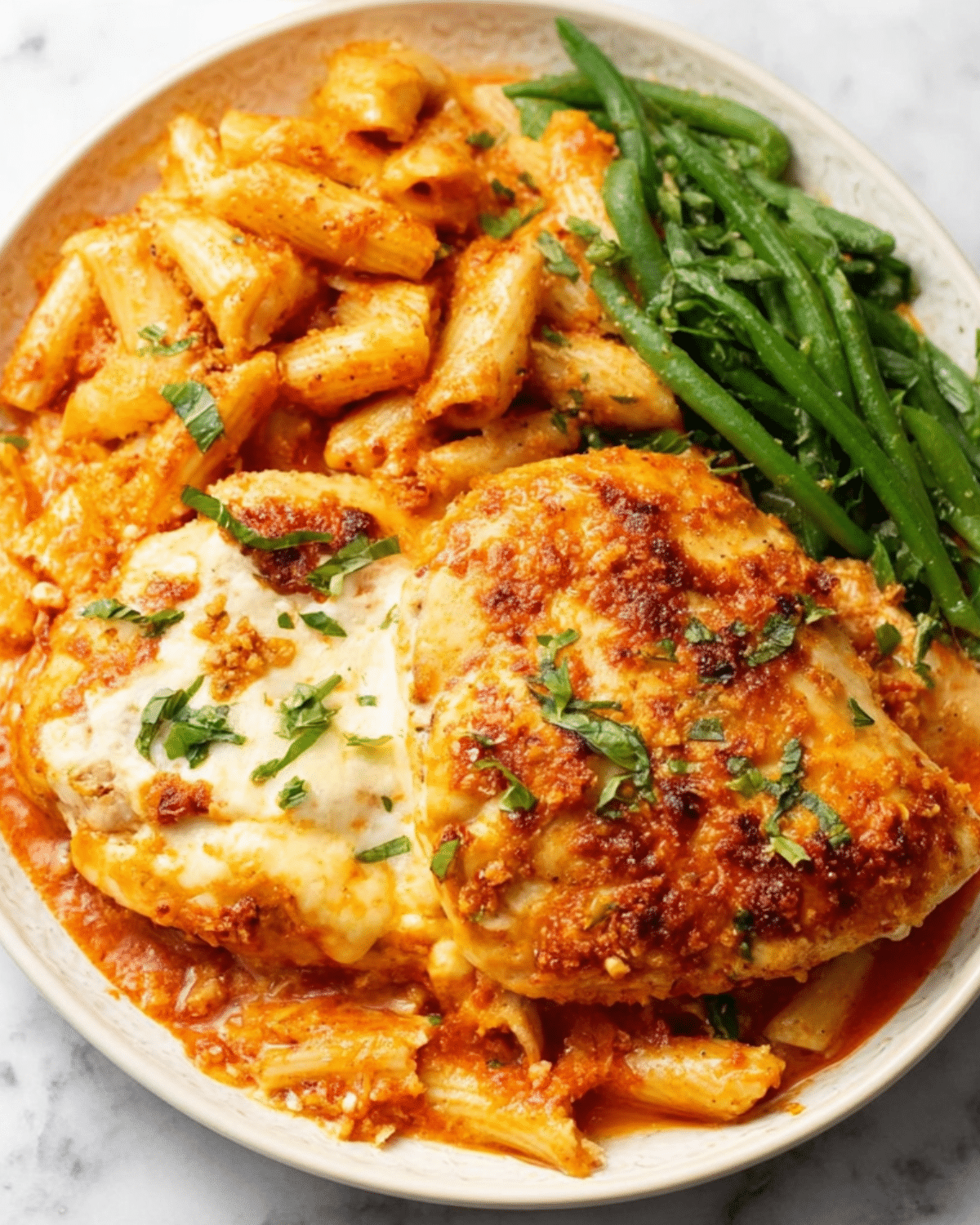 Plate of ricotta chicken bake served with cheesy baked penne pasta and sautéed green beans.