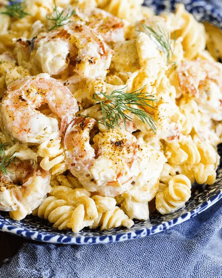 Creamy Seafood Pasta Salad made with rotini, shrimp, and fresh dill, served on a blue patterned plate.