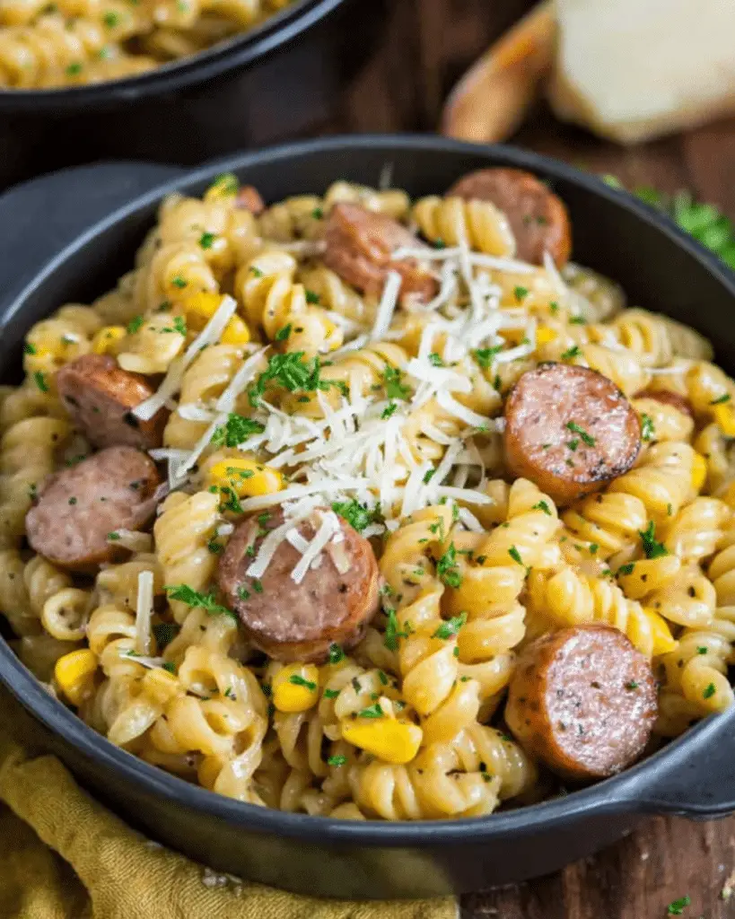 A black bowl filled with creamy Smoked Sausage Pasta, garnished with shredded cheese, corn, and fresh parsley.