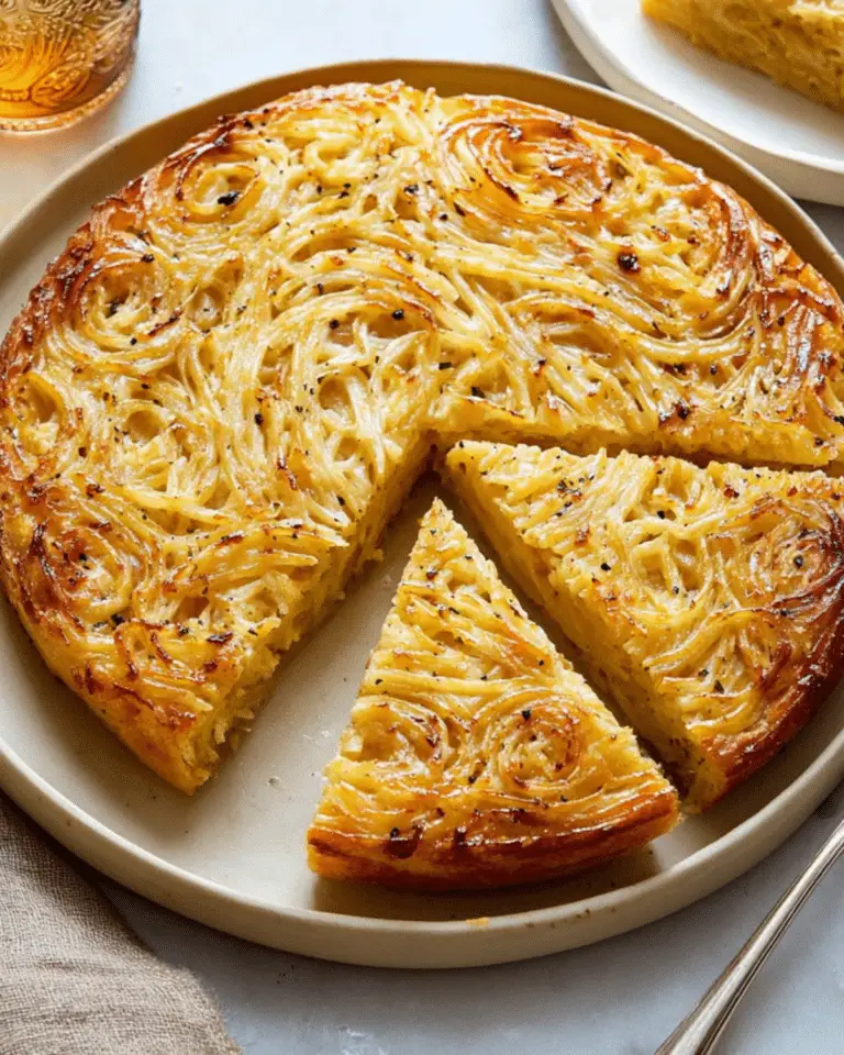 Golden-baked cacio e pepe pie made with spaghetti, black pepper, and cheese, sliced and served on a round plate.