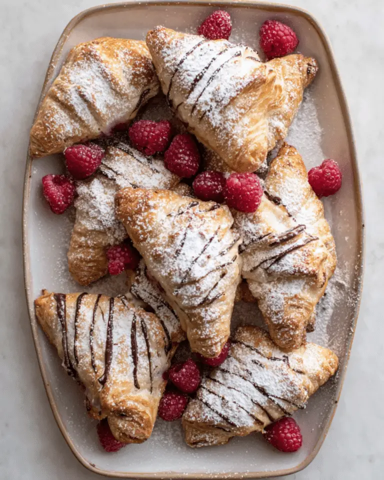 Golden chocolate raspberry cheesecake turnovers dusted with powdered sugar and drizzled with chocolate, served with fresh raspberries on a plate.