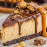 A rich slice of dreamy peanut butter cheesecake topped with chocolate ganache, chopped peanut butter cups, and a drizzle of caramel sauce.